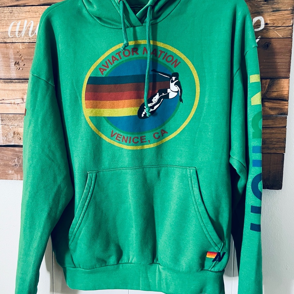 Aviator Nation Green Hoodie with Rainbow Logo